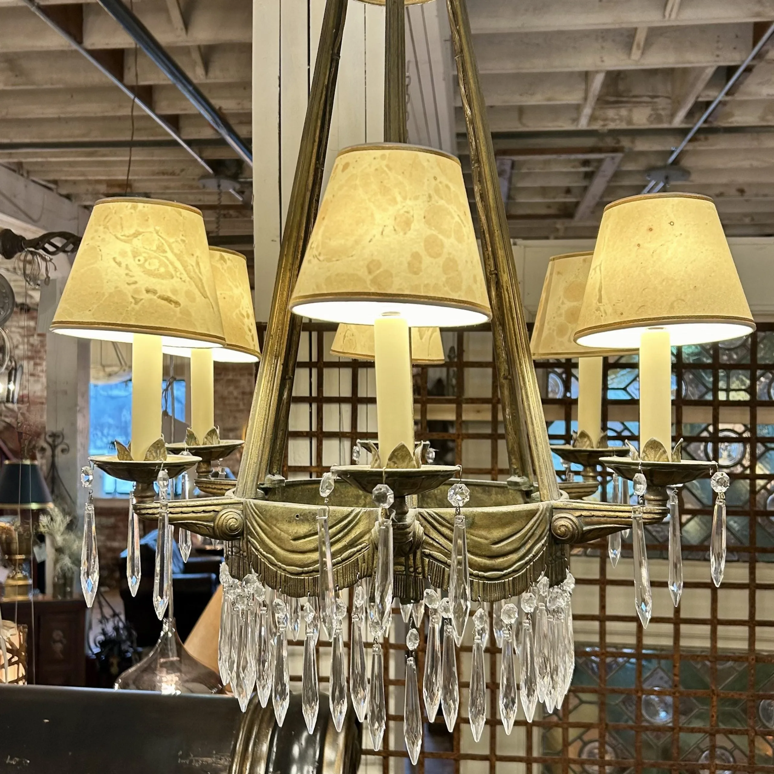 Deco Brass Crystal Chandelier, Six Arm, Vintage