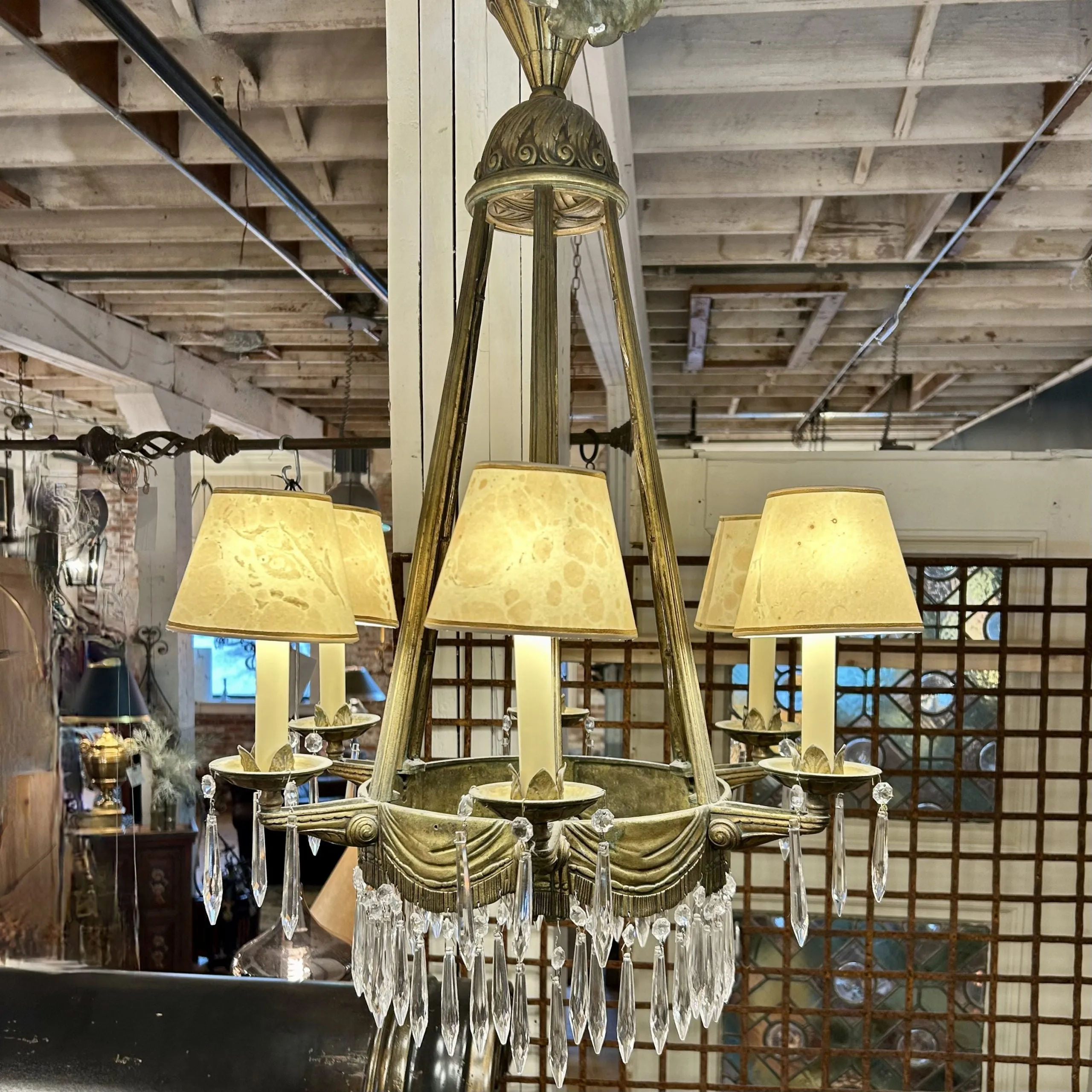 Deco Brass Crystal Chandelier, Six Arm, Vintage