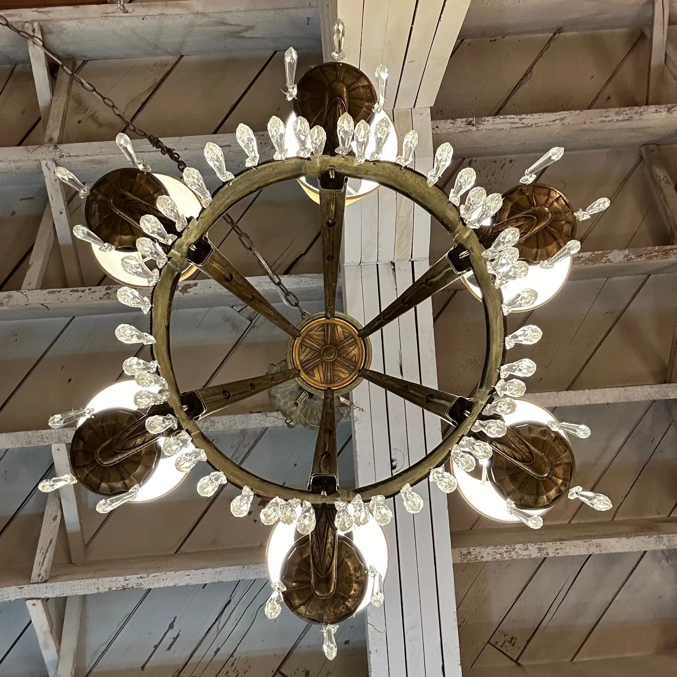Deco Brass Crystal Chandelier, Six Arm, Vintage