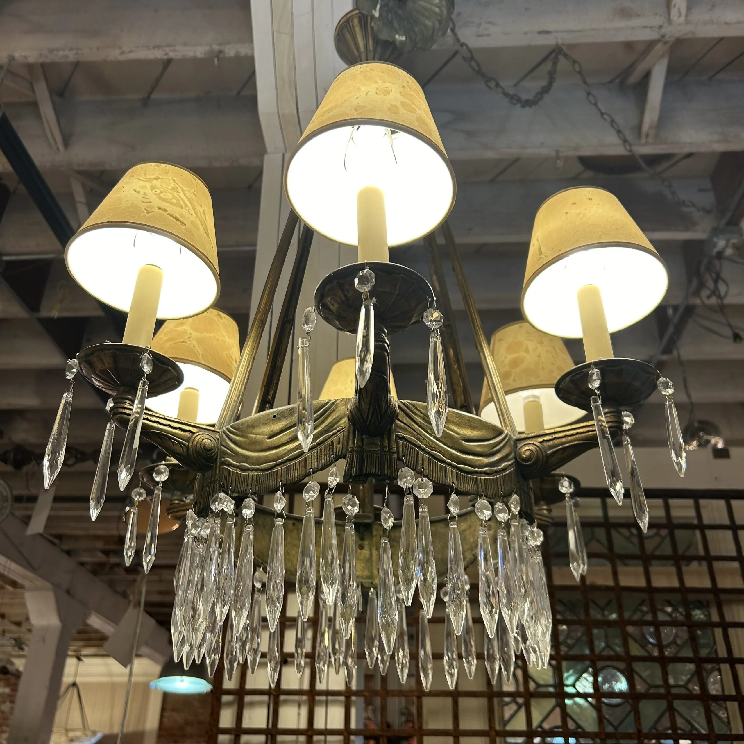 Deco Brass Crystal Chandelier, Six Arm, Vintage