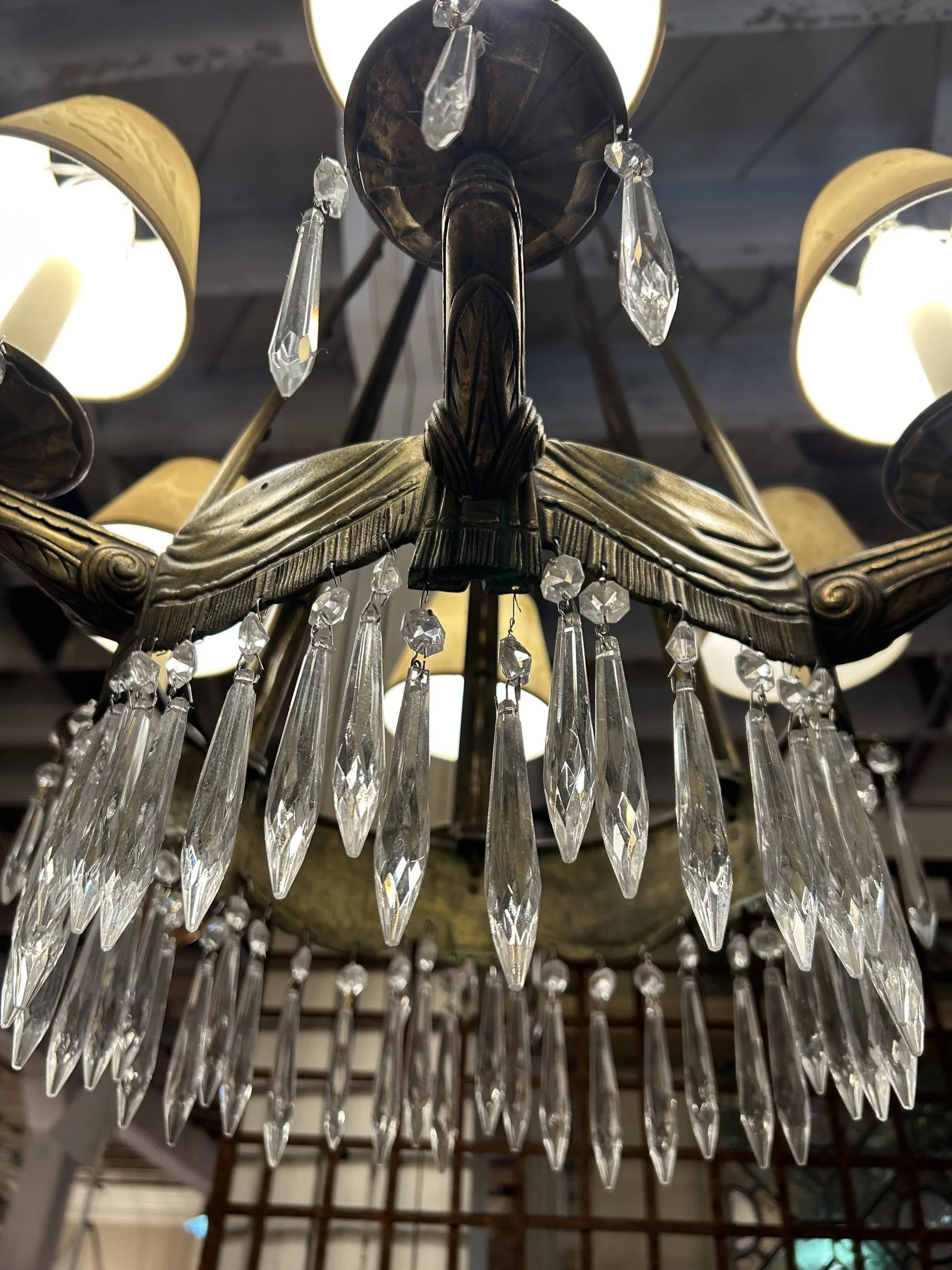 Deco Brass Crystal Chandelier, Six Arm, Vintage