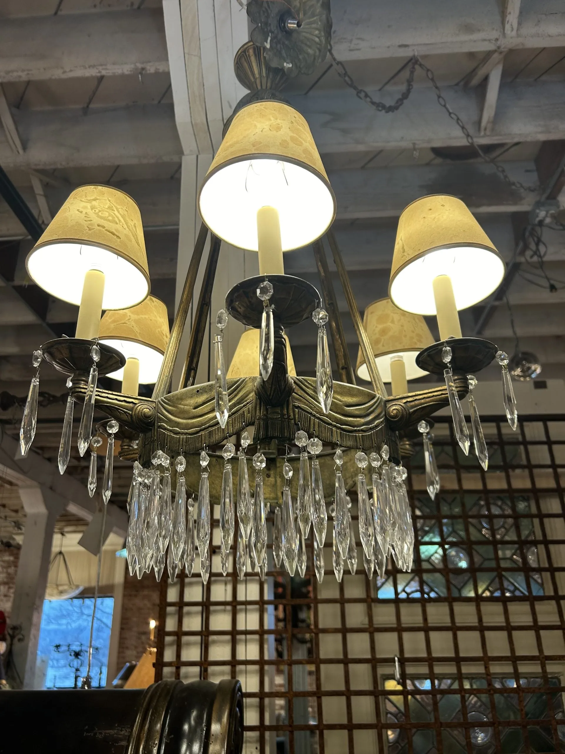 Deco Brass Crystal Chandelier, Six Arm, Vintage