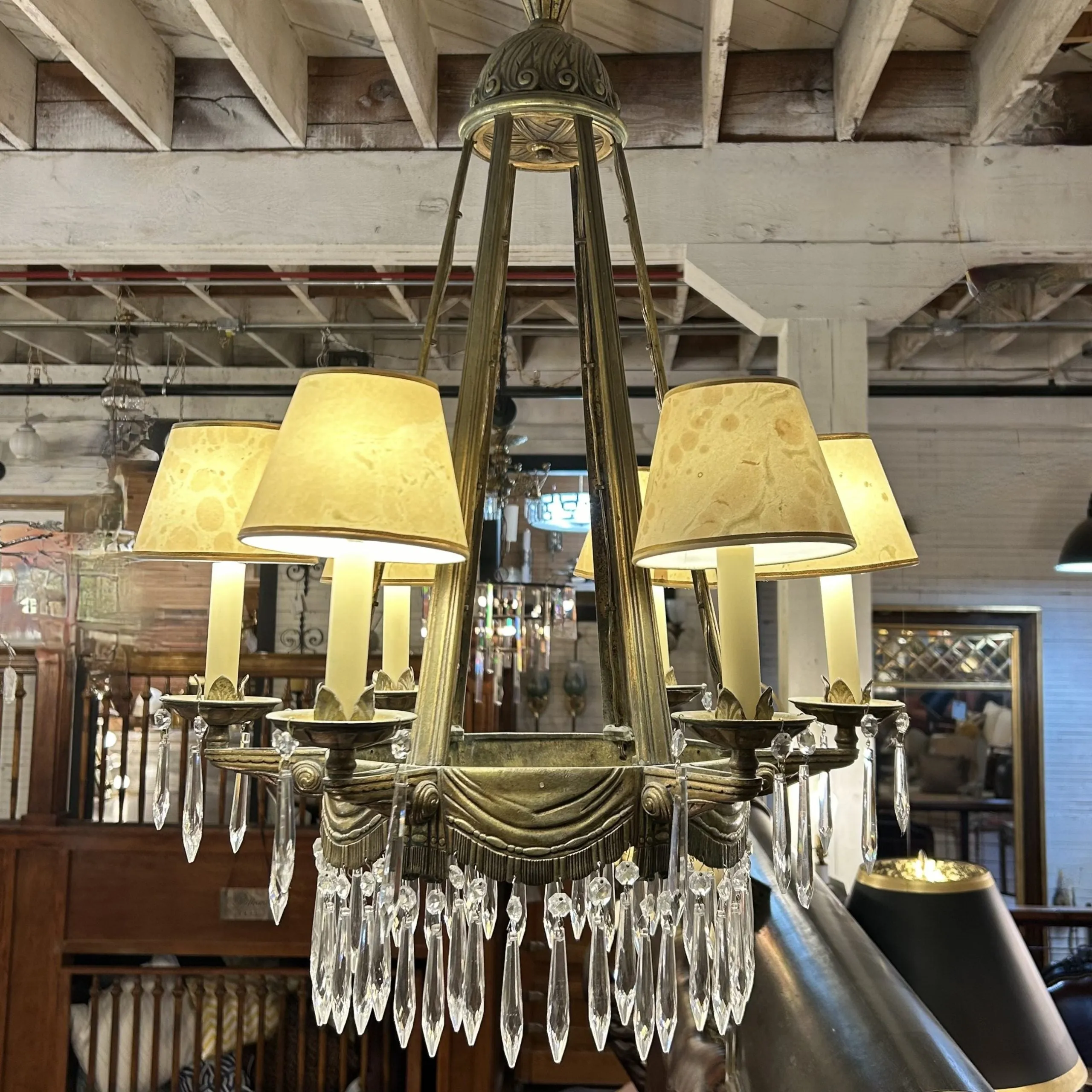 Deco Brass Crystal Chandelier, Six Arm, Vintage