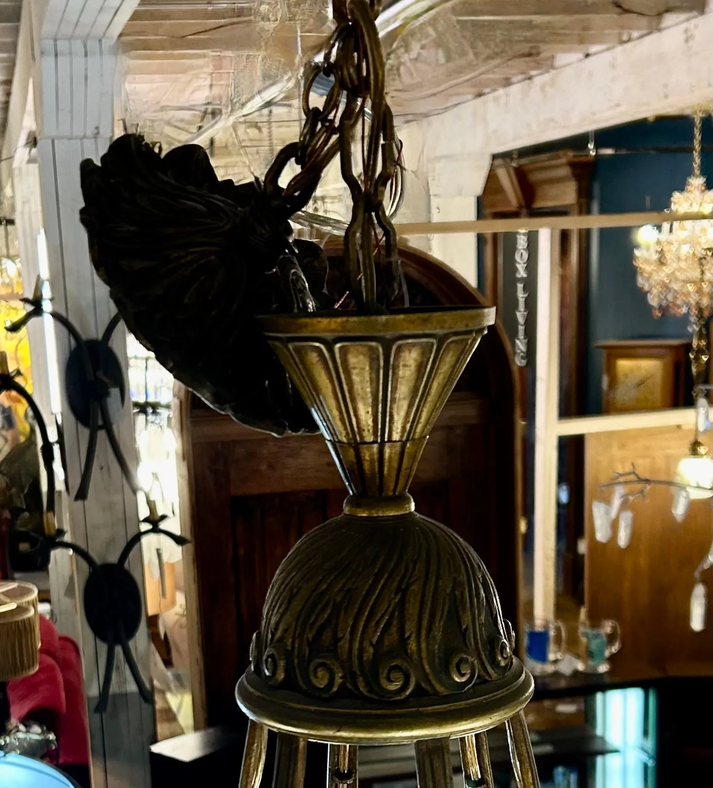 Deco Brass Crystal Chandelier, Six Arm, Vintage