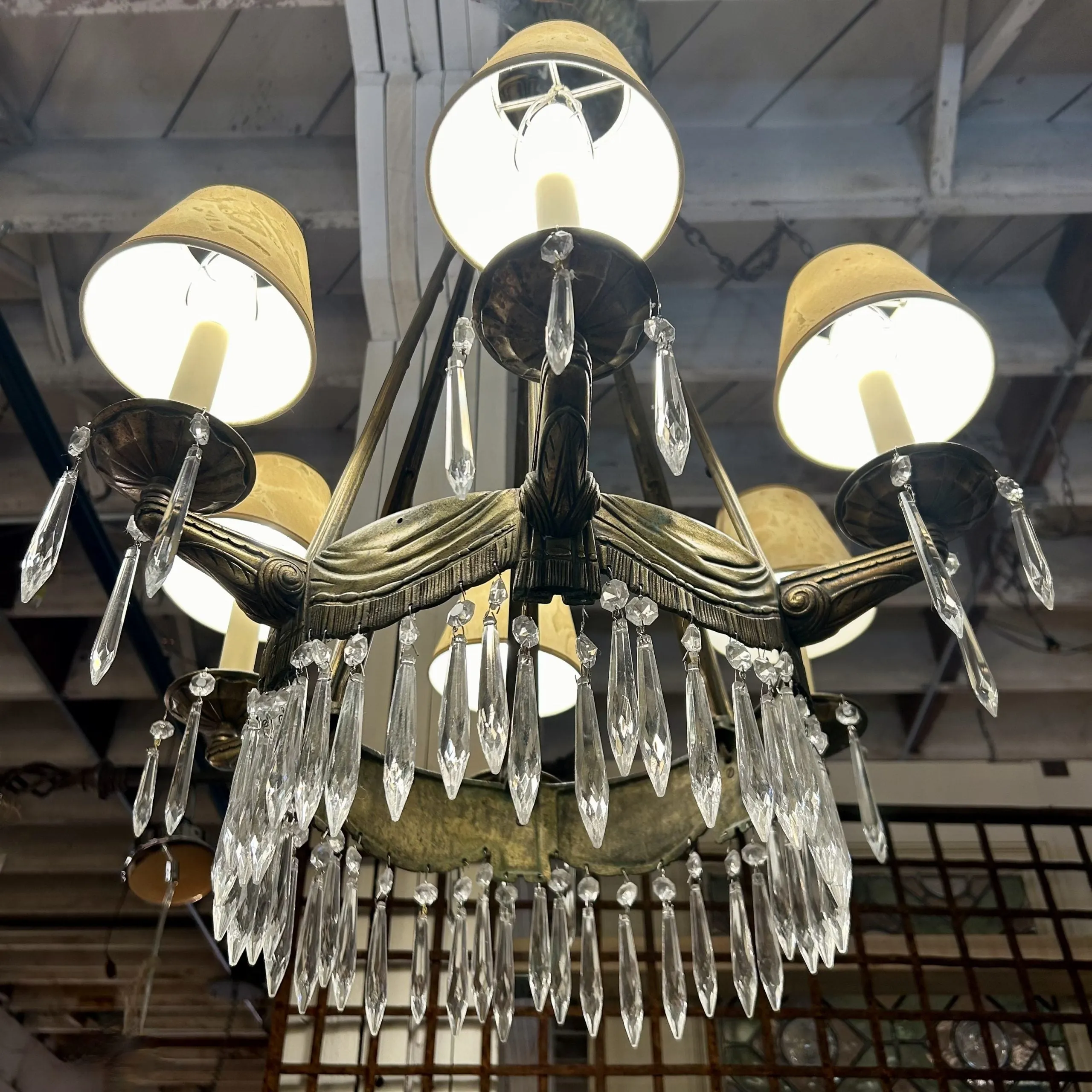 Deco Brass Crystal Chandelier, Six Arm, Vintage