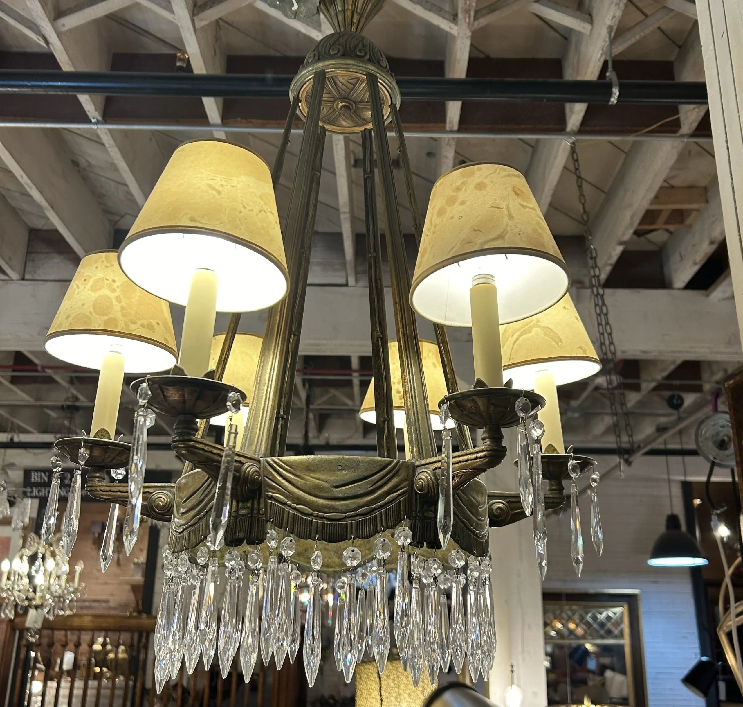 Deco Brass Crystal Chandelier, Six Arm, Vintage