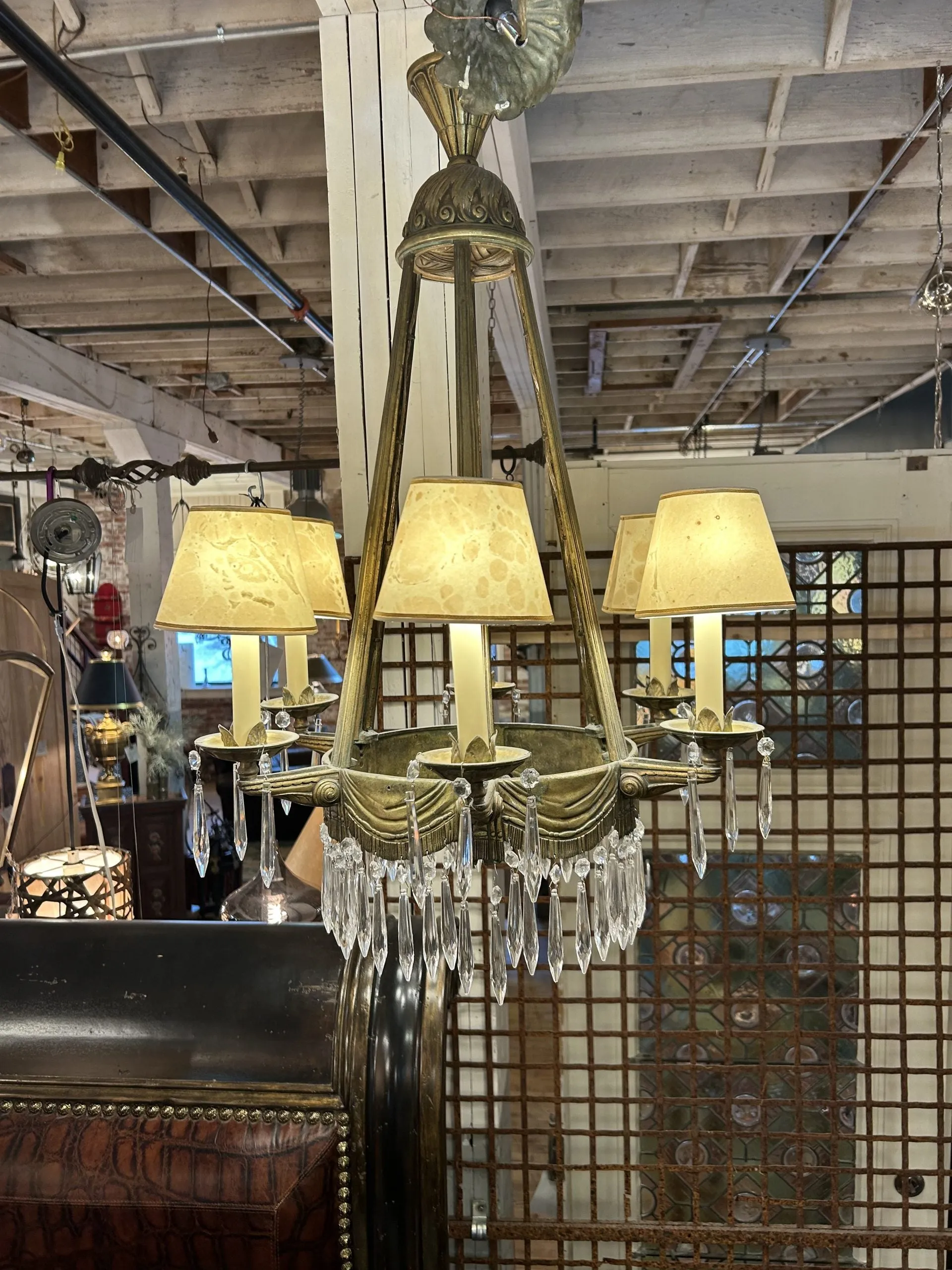 Deco Brass Crystal Chandelier, Six Arm, Vintage