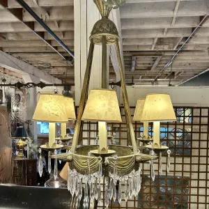 Deco Brass Crystal Chandelier, Six Arm, Vintage